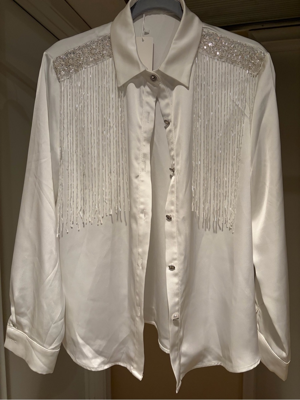 Women’s White Beaded Fringe Satin Western Wear Shirt L